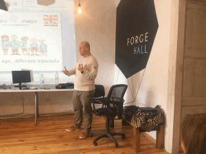 Luke teaching English to a class in Ukraine