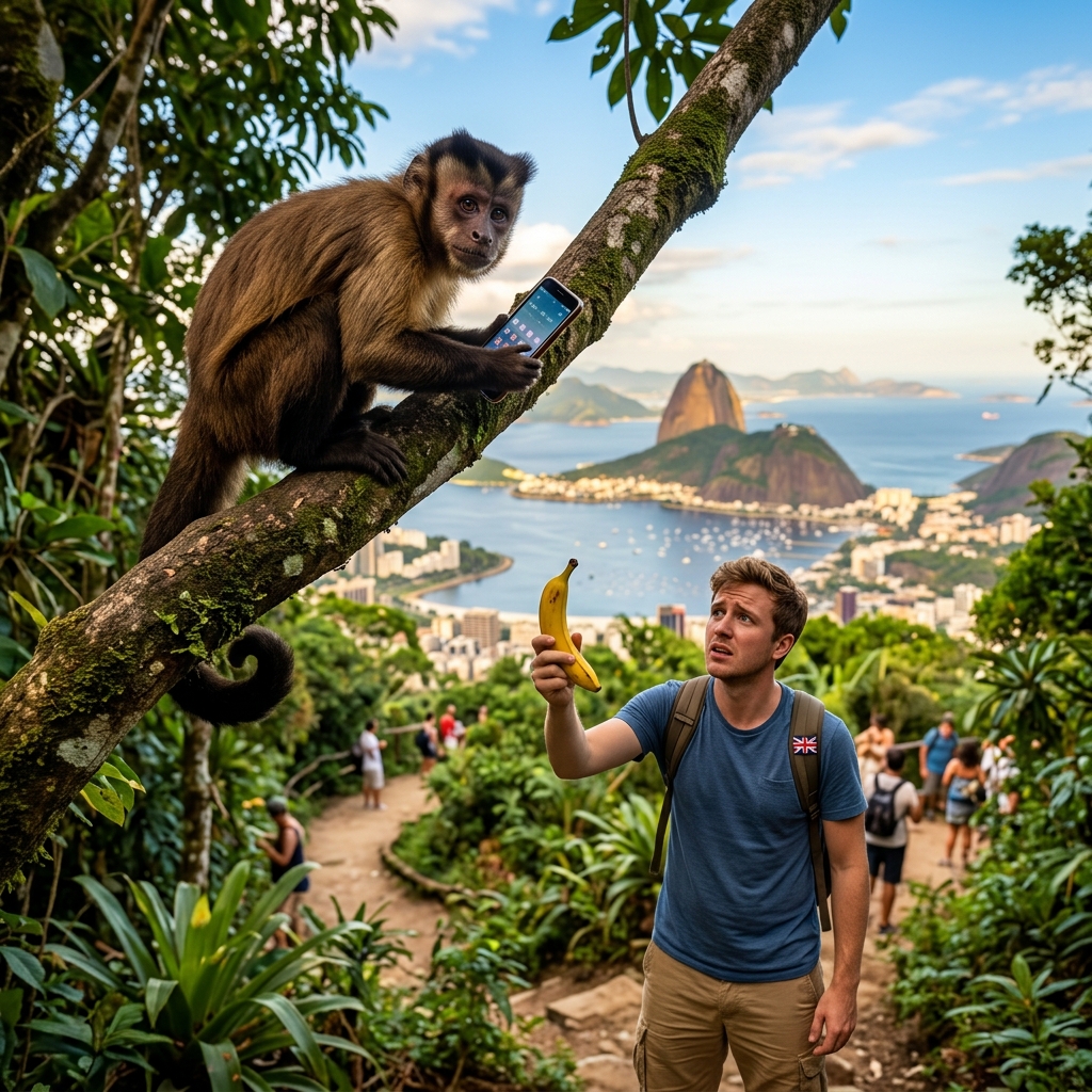 Cheeky capuchin monkey holding a smartphone in a tree in Rio de Janeiro